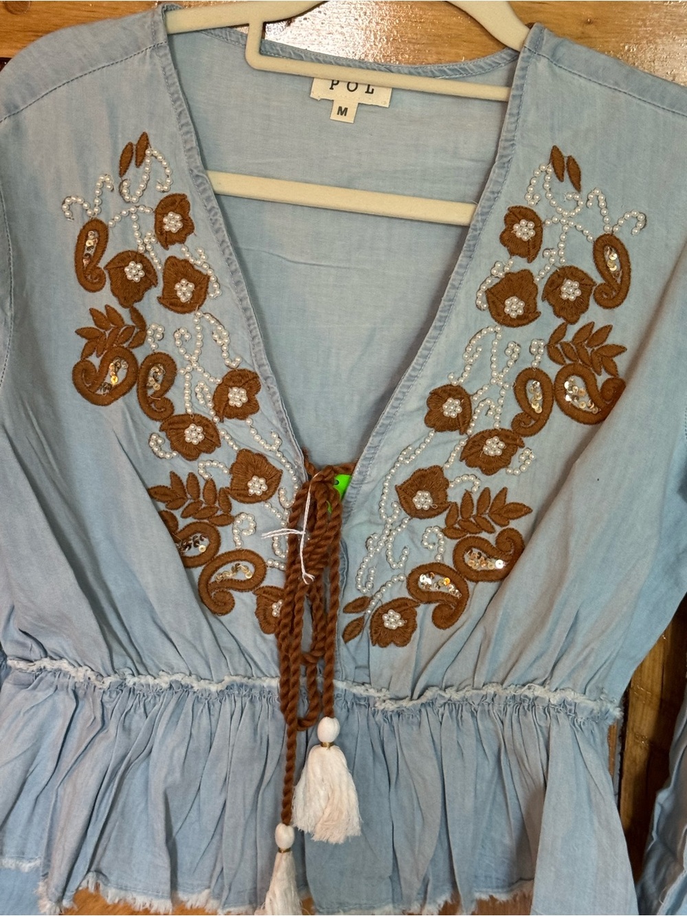 POL NWOT Light Blue Embroidered Peasant Top with Tassels - Size M - Picture 2 of 4